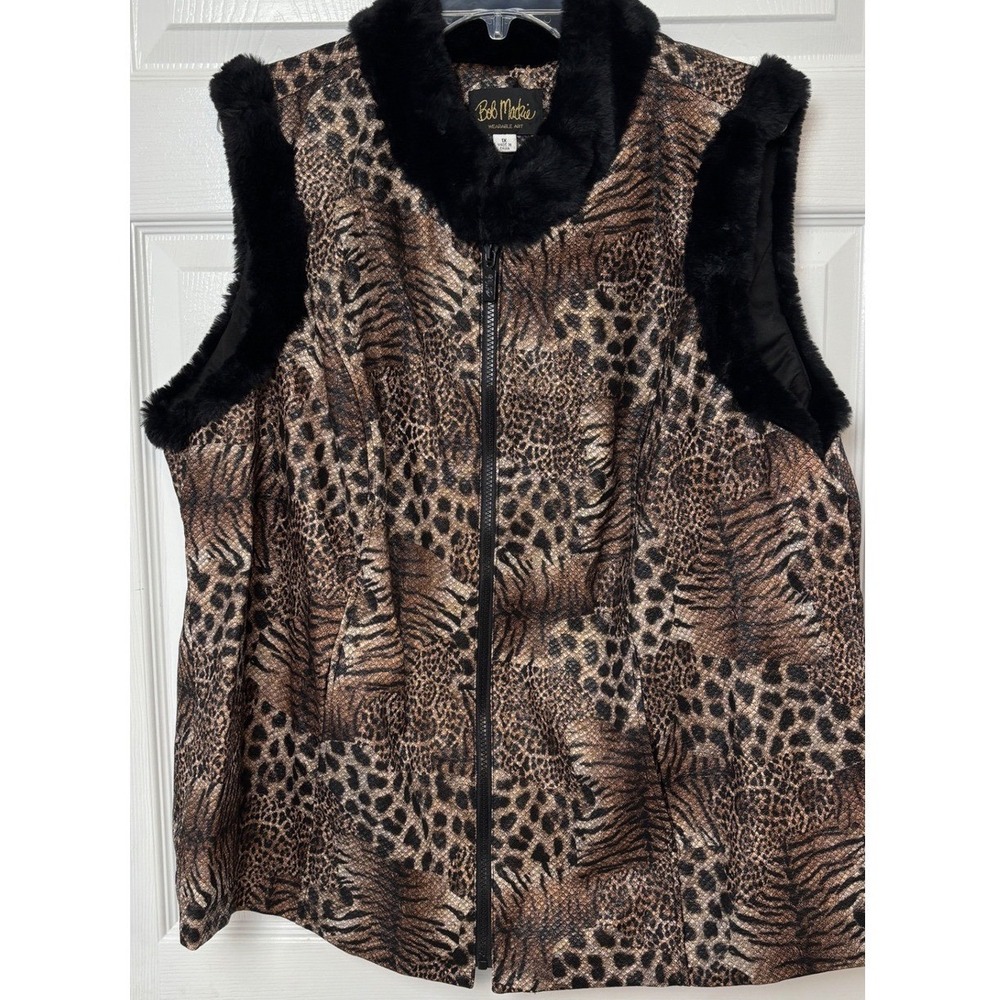 Bob Mackie Wearable Art Animal Print Faux Fur Trim Metallic Vest Brown 1X
